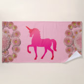 Roze Unicorn en bloemen Beach Towel Strandlaken (Voorkant)