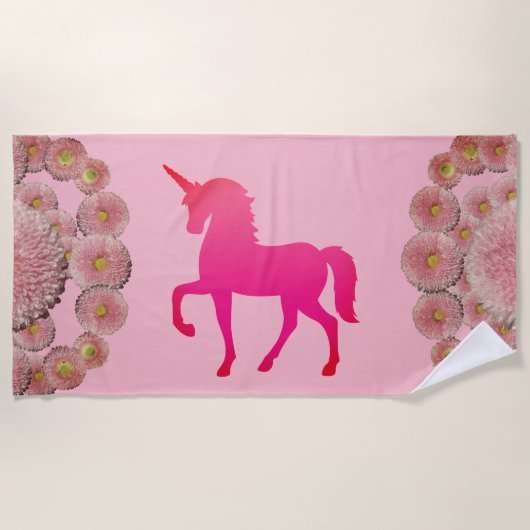 Roze Unicorn en bloemen Beach Towel Strandlaken (Voorkant)