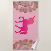 Roze Unicorn en bloemen Beach Towel Strandlaken (Voorkant)