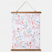 Roze Unicorn en Flowers Hangend Wandkleed (Voorkant)