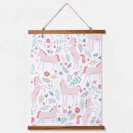 Roze Unicorn en Flowers Hangend Wandkleed (Voorkant)