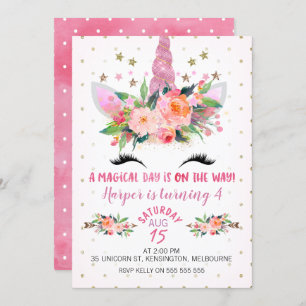 Roze Unicorn Face Floral Birthday Uitnodiging