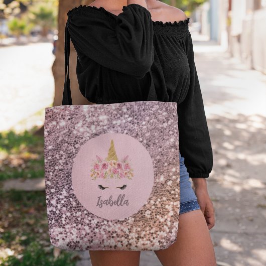 Roze Unicorn Floral Glitter Monogram Tote Bag