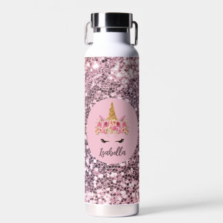 Roze Unicorn Floral Glitter Monogram Waterfles