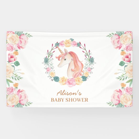 Roze Unicorn Floral Greenery Baby shower Achtergro Spandoek (Horizontaal)