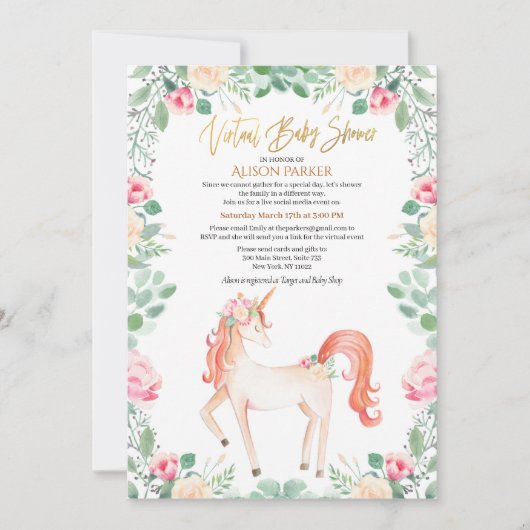 Roze Unicorn Floral Greenery Virtual Baby shower Kaart (Voorkant)