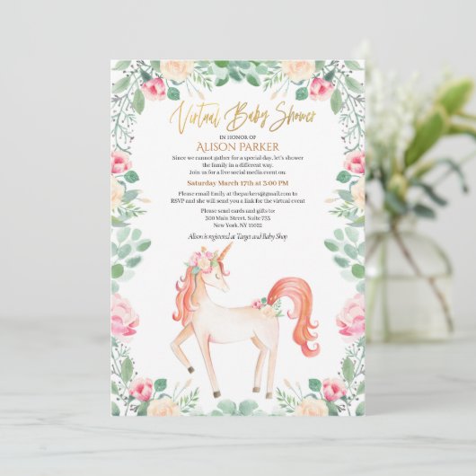 Roze Unicorn Floral Greenery Virtual Baby shower Kaart (Staand voorkant)