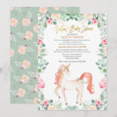 Roze Unicorn Floral Greenery Virtual Baby shower Kaart (Voorkant / Achterkant)