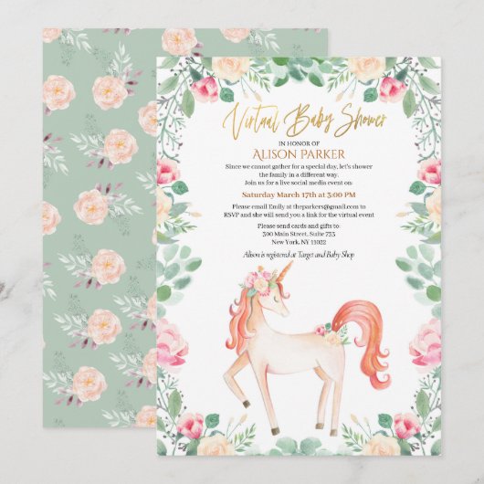 Roze Unicorn Floral Greenery Virtual Baby shower Kaart (Voorkant / Achterkant)