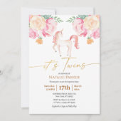 Roze Unicorn Floral Waterverf Baby Twins Shower Kaart (Voorkant)