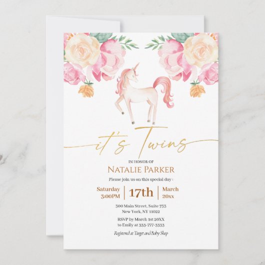 Roze Unicorn Floral Waterverf Baby Twins Shower Kaart (Voorkant)