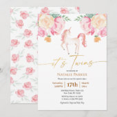 Roze Unicorn Floral Waterverf Baby Twins Shower Kaart (Voorkant / Achterkant)