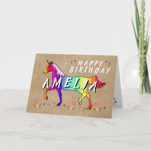 Roze Unicorn Flower Old Paper Girl Happy Birthday Kaart (Voorkant)