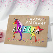 Roze Unicorn Flower Old Paper Girl Happy Birthday Kaart