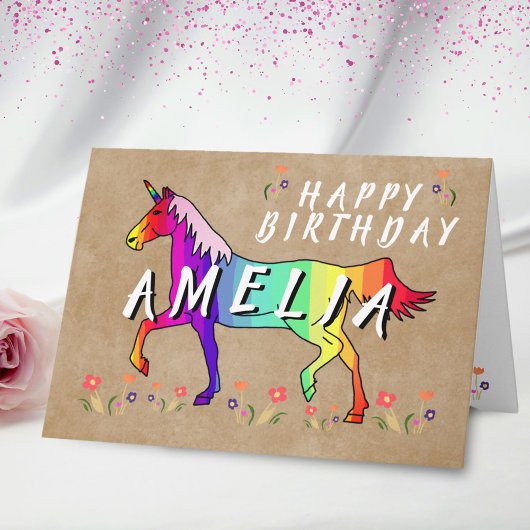 Roze Unicorn Flower Old Paper Girl Happy Birthday Kaart