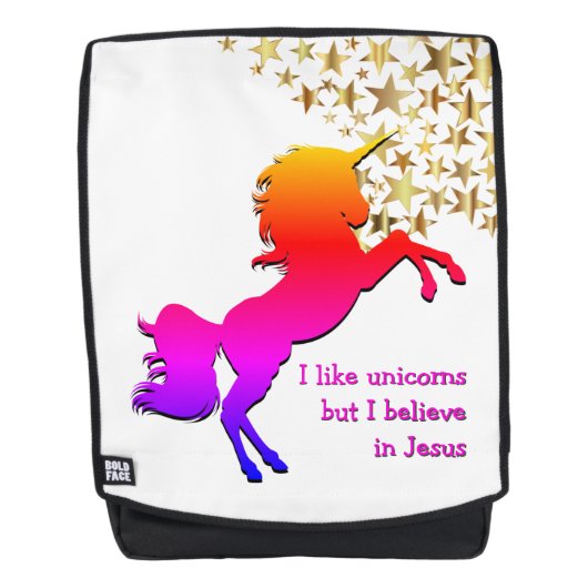 Roze UNICORN Gelooft in Jezus gepersonaliseerd Rugtassen (Voorkant)