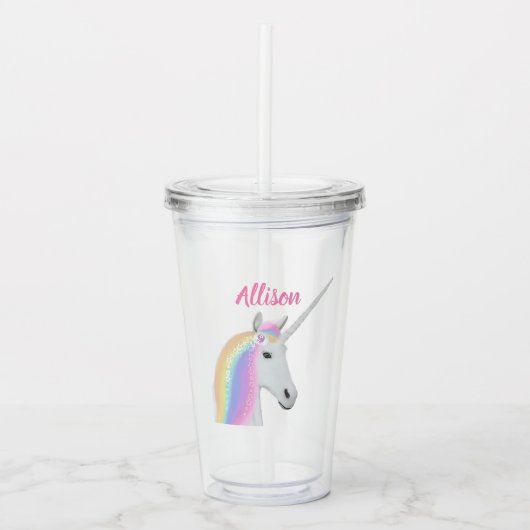 Roze Unicorn gepersonaliseerde acrylknoltablet Acryl Drinkbeker (Voorkant)