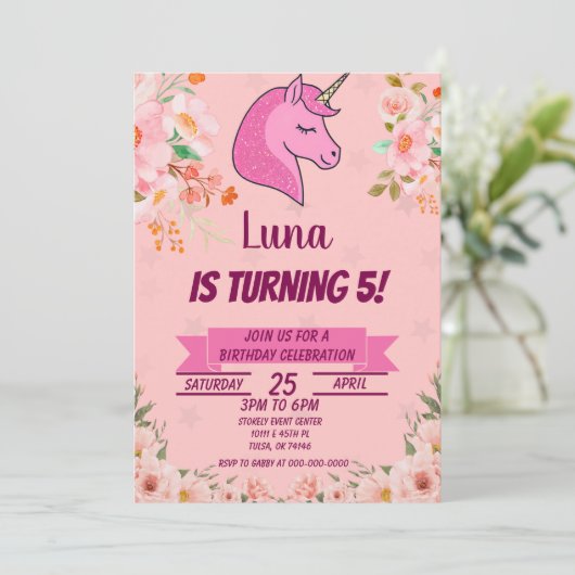 Roze Unicorn Glitter Confetti Birthday Party Kaart (Staand voorkant)