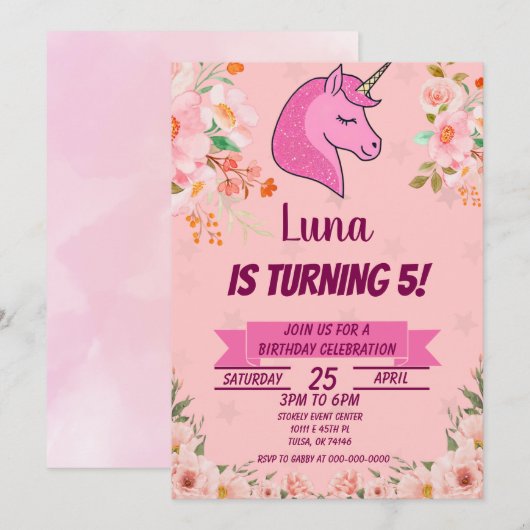 Roze Unicorn Glitter Confetti Birthday Party Kaart (Voorkant / Achterkant)