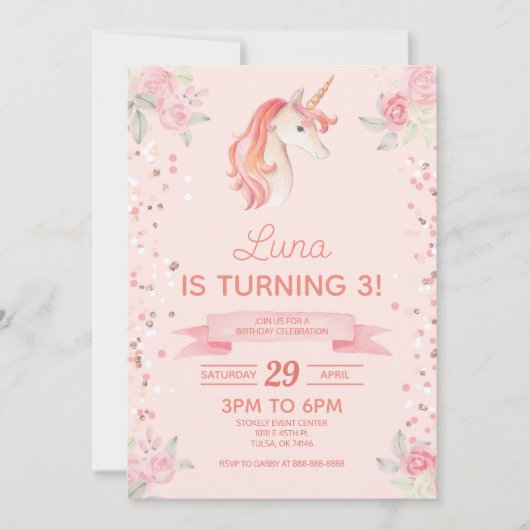 Roze Unicorn Glitter Confetti Birthday Party Kaart (Voorkant)