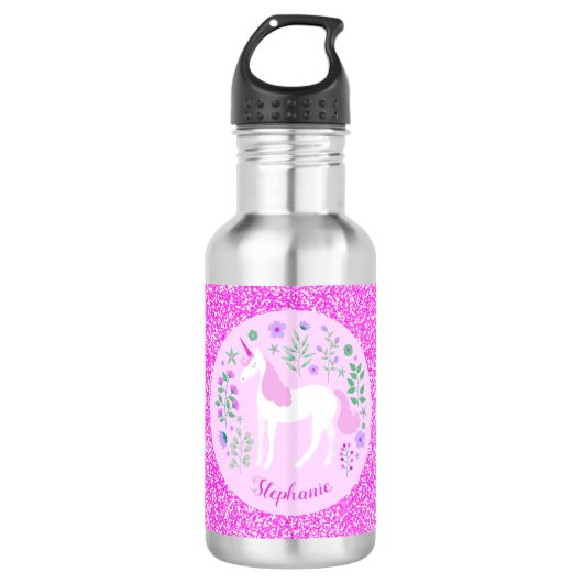Roze Unicorn Glitter Speciaal Waterfles (Voorkant)