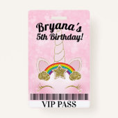 Roze Unicorn Gold Glitter Birthday Party VIP PASS Badge (Voorkant)