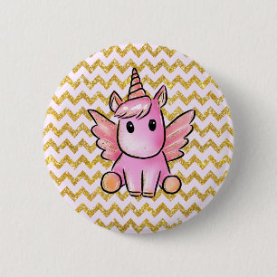 Roze Unicorn Gold Glitter Chevron Pattern Girly Ronde Button 5,7 Cm