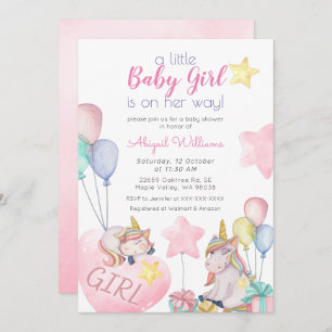 Roze Unicorn, Gold Star, ballonmeisje Baby shower Kaart