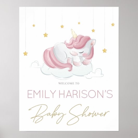 Roze Unicorn Gold Stars Baby shower Sign. Poster (Voorkant)