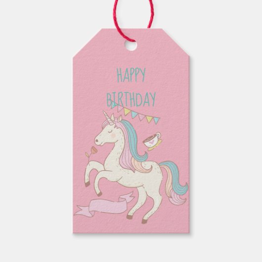 Roze Unicorn Happy Birthday Cadeaulabel (Voorkant)