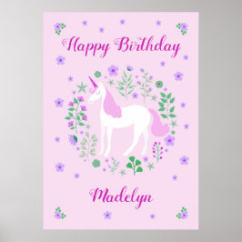 Roze Unicorn Happy Birthday Poster