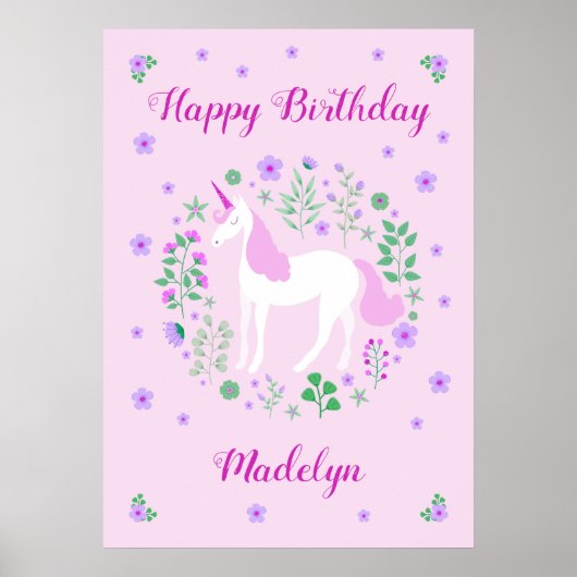 Roze Unicorn Happy Birthday Poster (Voorkant)