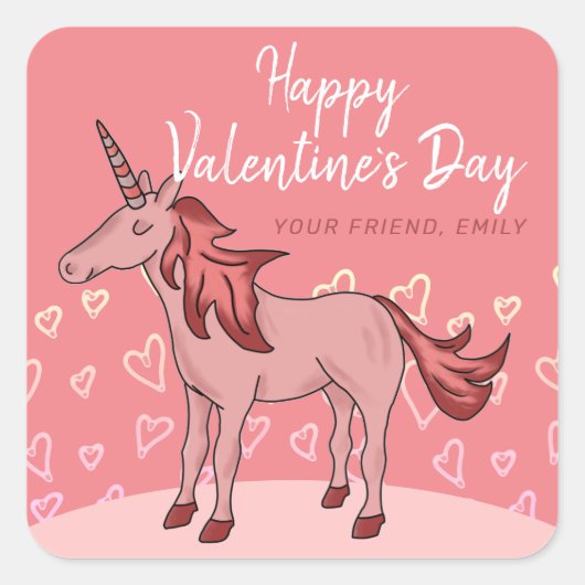 Roze Unicorn Heart Kinder Valentijn Vierkante Sticker (Voorkant)