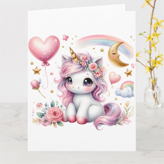 Roze Unicorn Kaart (Gele Bloem)