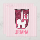 Roze Unicorn Letter U Kinderen Birthday Partij Kaart (Voorkant / Achterkant)