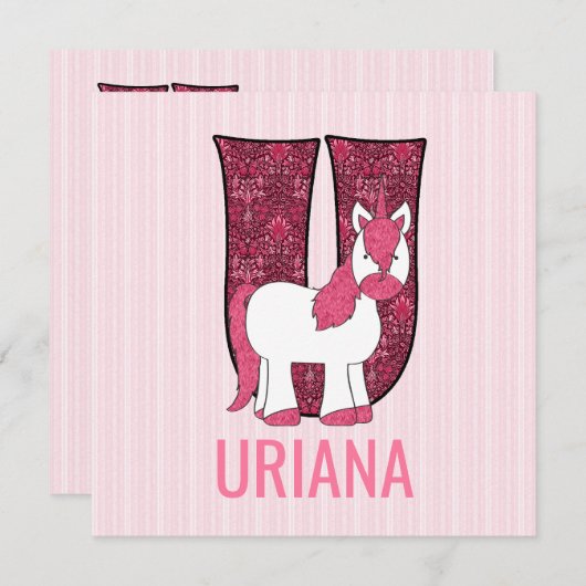 Roze Unicorn Letter U Kinderen Birthday Partij Kaart (Voorkant / Achterkant)