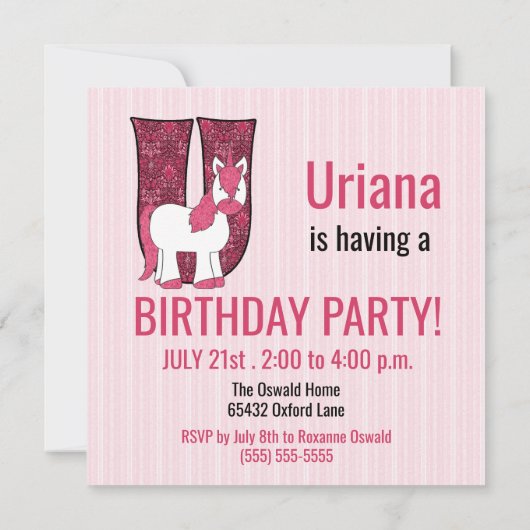 Roze Unicorn Letter U Kinderen Birthday Partij Kaart (Achterkant)