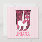 Roze Unicorn Letter U Kinderen Birthday Partij Kaart (Voorkant)
