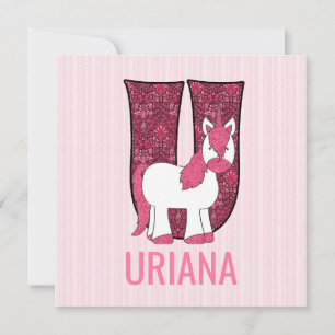 Roze Unicorn Letter U Kinderen Birthday Partij Kaart