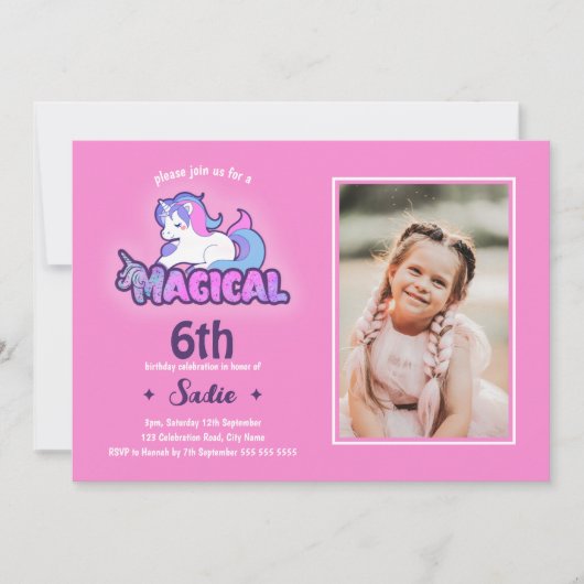 Roze Unicorn Magical Any Age 6th Birthday Foto Kaart (Voorkant)