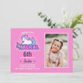 Roze Unicorn Magical Any Age 6th Birthday Foto Kaart (Staand voorkant)