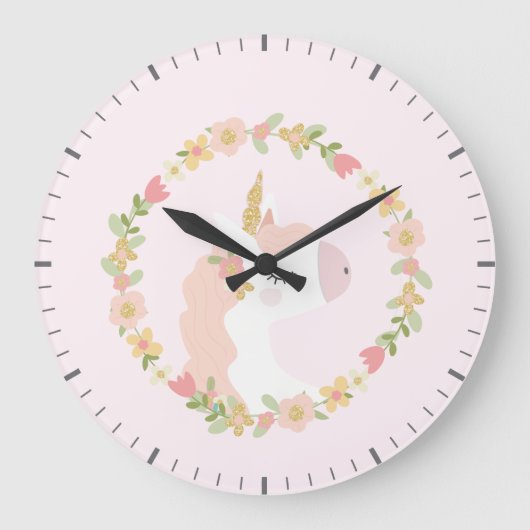 Roze Unicorn met Flowers Wall Clock Grote Klok (Voorkant)