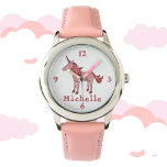 Roze Unicorn met  naam Horloge<br><div class="desc">Het ontwerp heeft een roze slaapeenhoorn met een mooie mane en een verhaal. Er staat een naam op het horloge,  die je kunt personaliseren. Dit horloge is geweldig voor meisjes die eenhoorns leuk vinden. Een digitale tekening.</div>