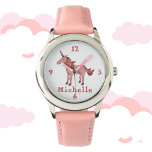 Roze Unicorn met naam Horloge<br><div class="desc">Het ontwerp heeft een roze slaapeenhoorn met een mooie mane en een verhaal. Er staat een naam op het horloge, die je kunt personaliseren. Dit horloge is geweldig voor meisjes die eenhoorns leuk vinden. Een digitale tekening.</div>