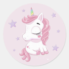 Roze Unicorn met Paarse sterren Ronde Sticker