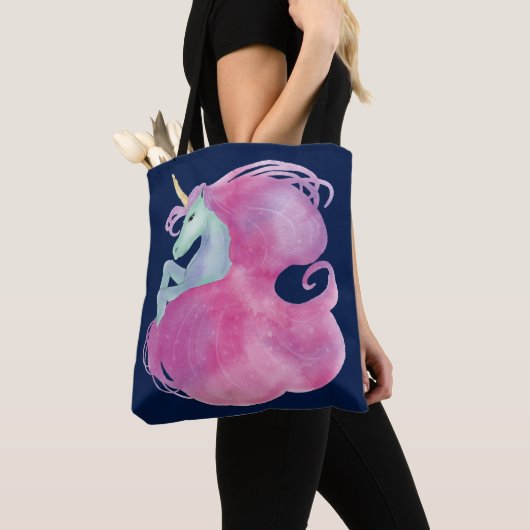  roze Unicorn op blauw Tote Bag (Dichtbij)