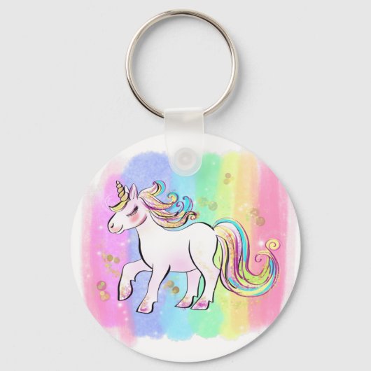 roze unicorn op regenboogachtergrond sleutelhanger (Voorkant)