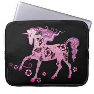 Roze Unicorn op zwart Laptop Sleeve