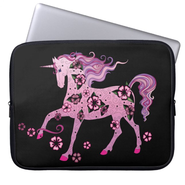 Roze Unicorn op zwart Laptop Sleeve (Voorkant)