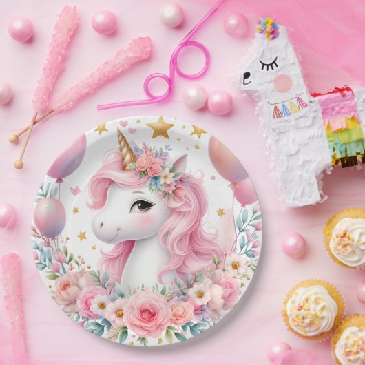 Roze Unicorn Papieren Bordje (Feest)